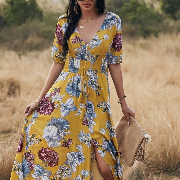 🆕Floral print maxi dress in yellow mustard - Picture 5 of 5